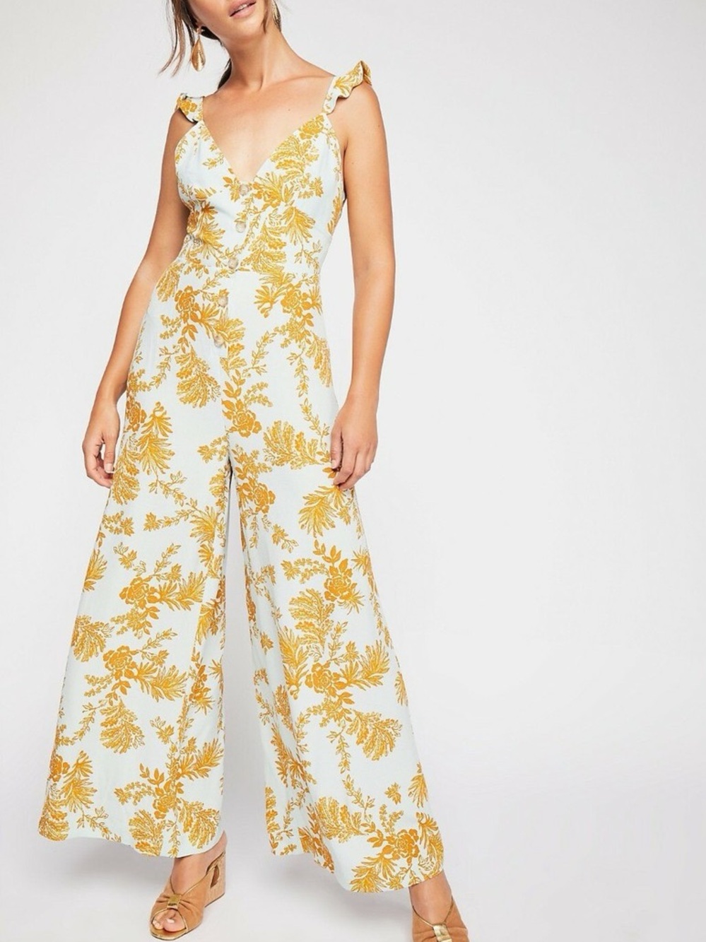 Free People Floral Ruffle Sleeve Be The One Wide Leg Jumpsuit
